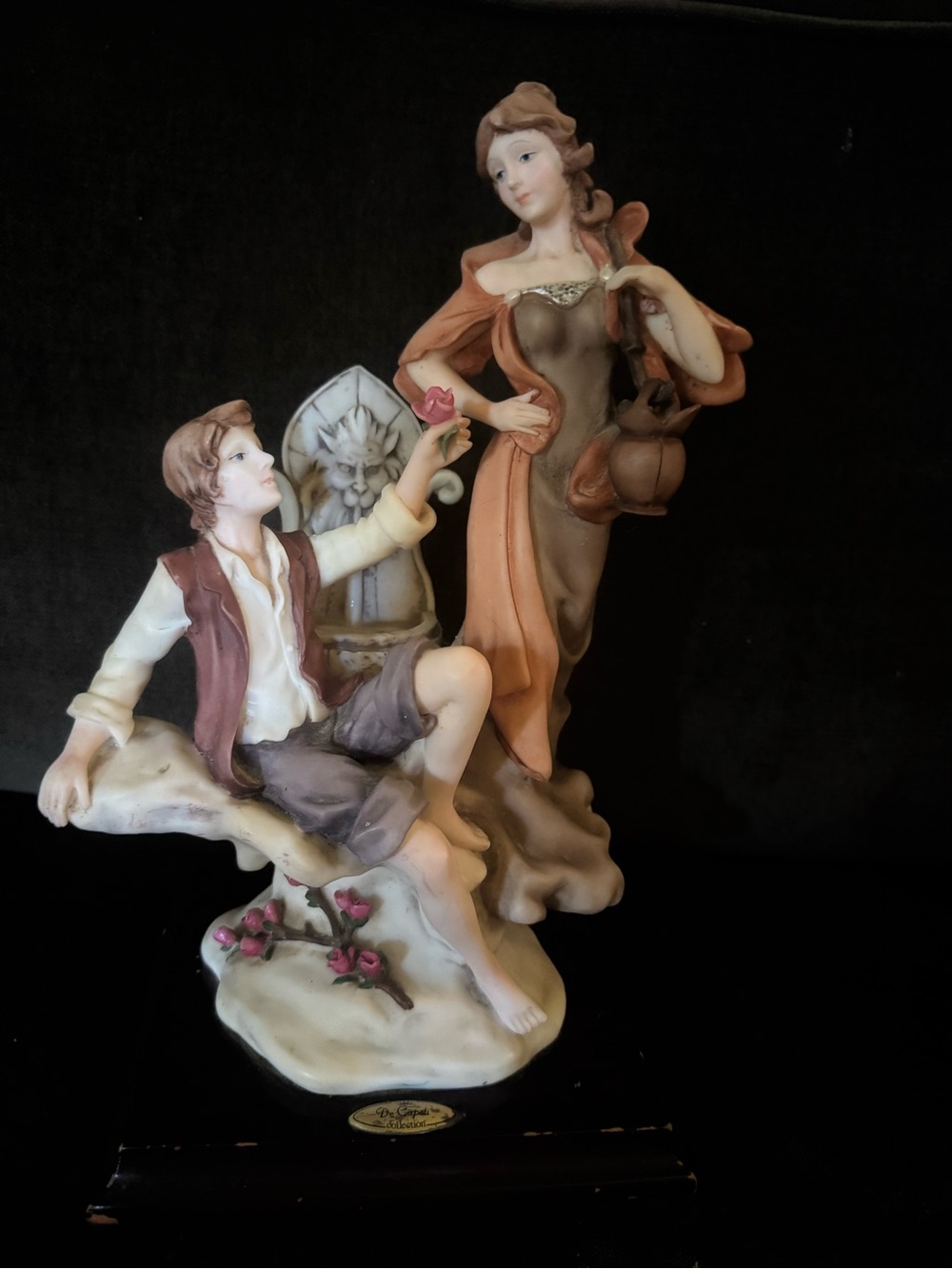 Romantic Porcelain Figurine Sculpture in Peach and Brown